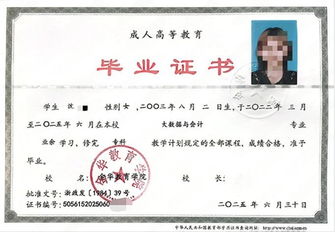 金华金华教育学院毕业证样本图片